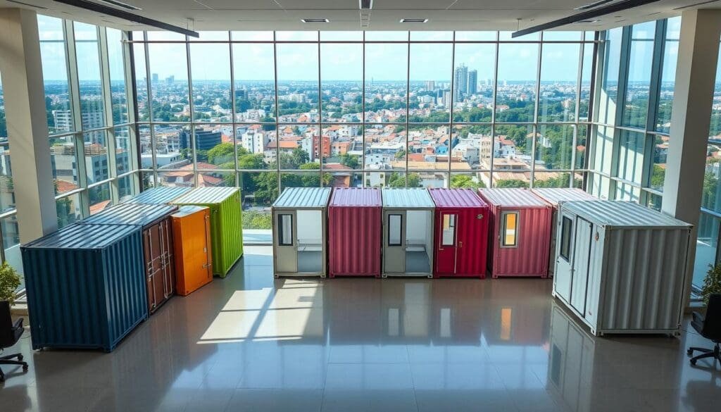 A modern, well-lit office interior with a central focus on a row of SAMAN Portable container offices in a range of colors and configurations. The container offices are arranged in an open-plan layout, showcasing their versatility and adaptability. The background features a panoramic view of the bustling RT Nagar neighborhood, with lush greenery and vibrant cityscape visible through large windows. The scene conveys a sense of productivity, innovation, and cost-effective solutions for businesses in a dynamic urban setting.