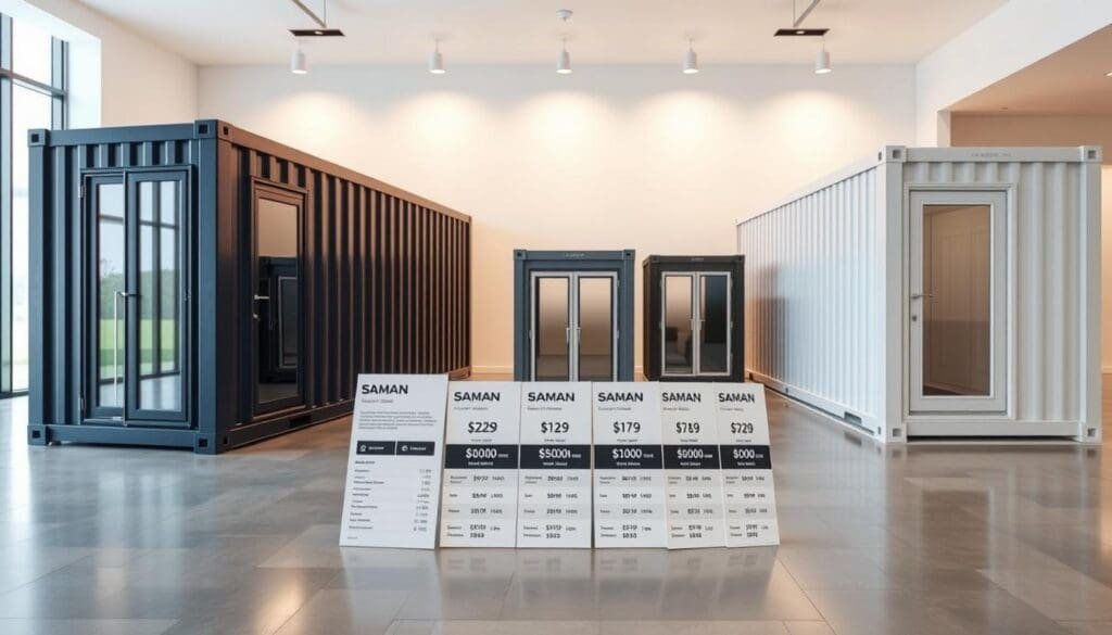 A modern, well-lit office space showcasing a range of SAMAN Portable container offices. In the foreground, three distinct container sizes are displayed, their sleek designs and contrasting colors (navy, gray, and white) highlighted by soft, directional lighting. In the middle ground, a selection of pricing information is neatly arranged, presenting the cost comparisons for each container size. The background features a clean, minimalist backdrop, emphasizing the container offices as the focal point. The overall scene conveys a sense of professionalism, attention to detail, and the versatility of these modular, cost-effective office solutions.