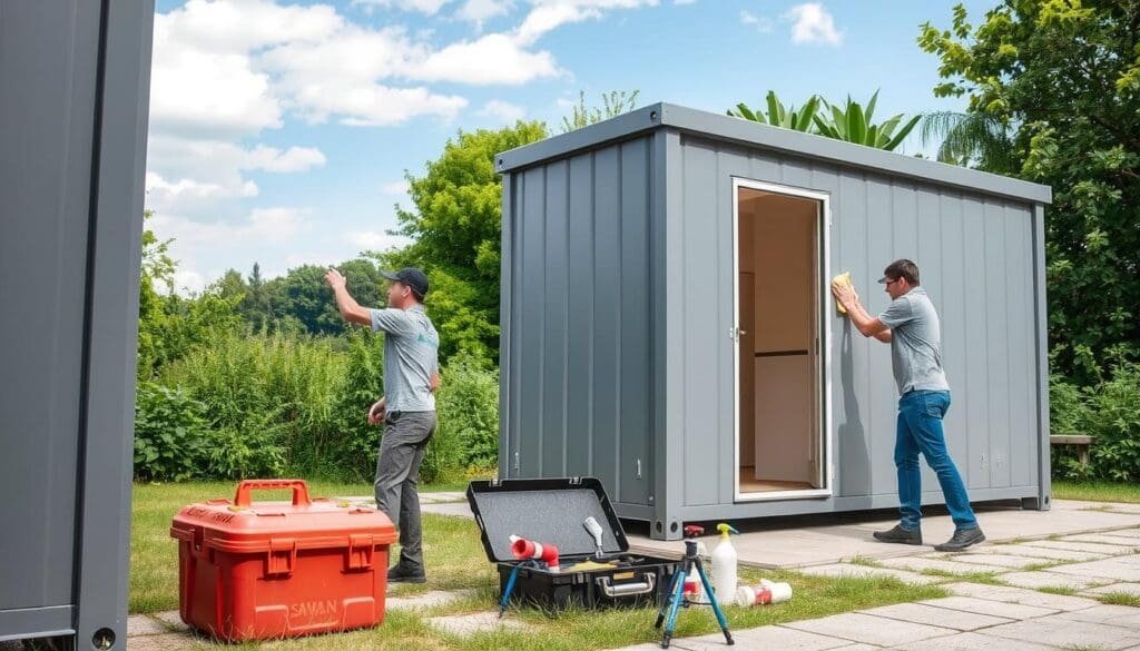A neatly arranged outdoor scene showcases the maintenance of a SAMAN Portable cabin. In the foreground, a worker meticulously cleans the cabin's exterior, using a soft cloth to wipe down the sleek, gray panels. The middle ground features a toolbox and various cleaning supplies, hinting at the attention to detail required. In the background, lush greenery and a clear blue sky create a serene, natural setting, complementing the portable cabin's modular design. Soft, diffused lighting illuminates the scene, capturing the care and diligence needed to maintain the SAMAN Portable cabin's pristine condition. A neatly arranged outdoor scene showcases the maintenance of a SAMAN Portable cabin. In the foreground, a worker meticulously cleans the cabin's exterior, using a soft cloth to wipe down the sleek, gray panels. The middle ground features a toolbox and various cleaning supplies, hinting at the attention to detail required. In the background, lush greenery and a clear blue sky create a serene, natural setting, complementing the portable cabin's modular design. Soft, diffused lighting illuminates the scene, capturing the care and diligence needed to maintain the SAMAN Portable cabin's pristine condition.