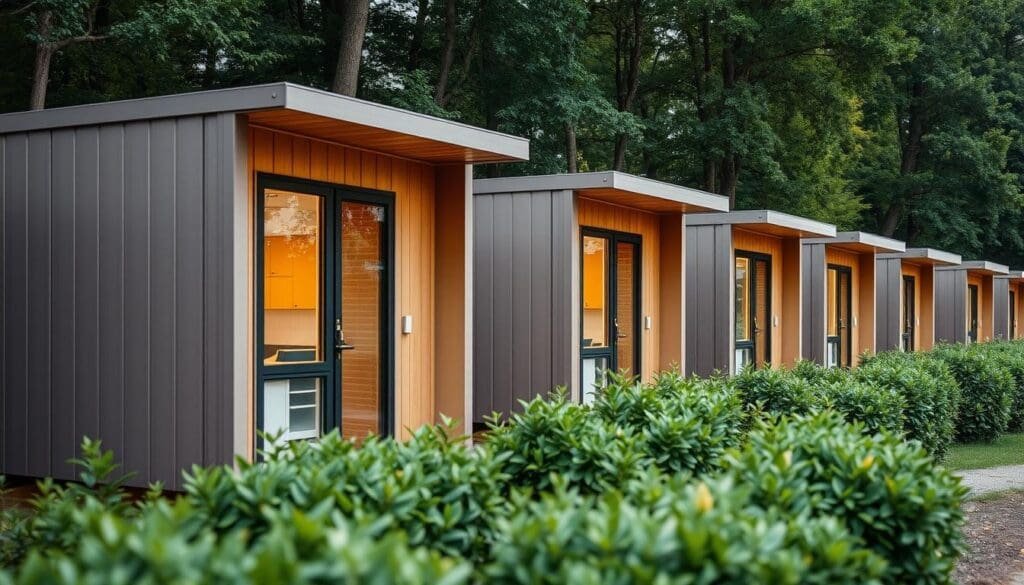 A neatly arranged row of cost-effective SAMAN Portable cabins, their minimalist yet stylish exterior panels in muted earth tones blending seamlessly with the lush greenery of the surroundings. The cabins appear spacious and well-designed, with large windows allowing ample natural light to flood the interiors. A subtle warm glow emanates from the cabins, conveying a sense of cozy comfort. The scene is captured from a slightly elevated angle, highlighting the efficient stacking and compact footprint of the modular units. The overall composition emphasizes the practicality and versatility of these portable cabins, perfectly suited for eco-friendly living or temporary housing solutions. A neatly arranged row of cost-effective SAMAN Portable cabins, their minimalist yet stylish exterior panels in muted earth tones blending seamlessly with the lush greenery of the surroundings. The cabins appear spacious and well-designed, with large windows allowing ample natural light to flood the interiors. A subtle warm glow emanates from the cabins, conveying a sense of cozy comfort. The scene is captured from a slightly elevated angle, highlighting the efficient stacking and compact footprint of the modular units. The overall composition emphasizes the practicality and versatility of these portable cabins, perfectly suited for eco-friendly living or temporary housing solutions.