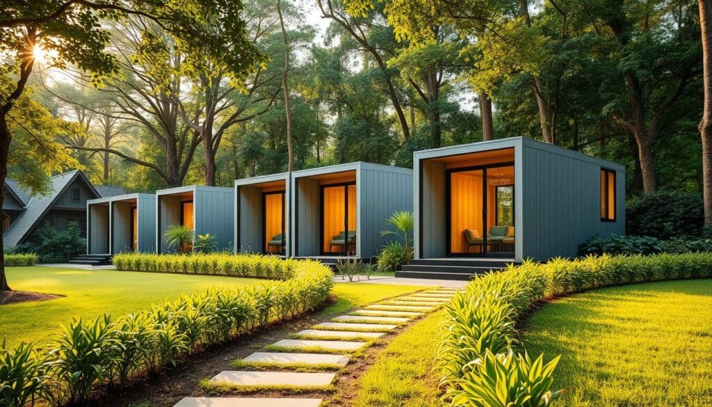 A row of sleek, modern SAMAN Portable eco-friendly portacabins nestled against a lush, verdant backdrop in the vibrant neighborhood of Jayanagar. The cabins feature clean lines, large windows, and a mix of natural materials that blend seamlessly with the surrounding greenery. A warm, golden light filters through, creating a cozy, inviting atmosphere. In the foreground, a well-manicured pathway leads visitors towards the cabins, inviting them to explore the custom interior options and sustainable living solutions on offer. The scene is captured with a wide-angle lens, emphasizing the harmony between the structures and their picturesque setting. A row of sleek, modern SAMAN Portable eco-friendly portacabins nestled against a lush, verdant backdrop in the vibrant neighborhood of Jayanagar. The cabins feature clean lines, large windows, and a mix of natural materials that blend seamlessly with the surrounding greenery. A warm, golden light filters through, creating a cozy, inviting atmosphere. In the foreground, a well-manicured pathway leads visitors towards the cabins, inviting them to explore the custom interior options and sustainable living solutions on offer. The scene is captured with a wide-angle lens, emphasizing the harmony between the structures and their picturesque setting.