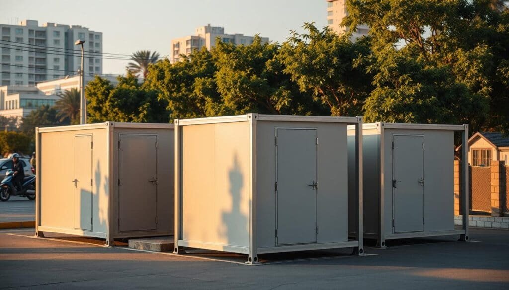A row of sturdy, modular SAMAN Portable portacabins stands in the bustling Nagarbhavi neighborhood. The minimalist, steel-framed structures are arranged in an orderly fashion, their clean lines and neutral colors complementing the surrounding urban landscape. Warm, diffused sunlight bathes the scene, casting soft shadows and lending a welcoming, professional atmosphere. In the foreground, the portacabins' metal exteriors gleam, while in the background, a hint of lush greenery and distant buildings creates a sense of context. This versatile, practical solution for temporary site or event use captures the essence of Nagarbhavi's dynamic, forward-thinking spirit.
