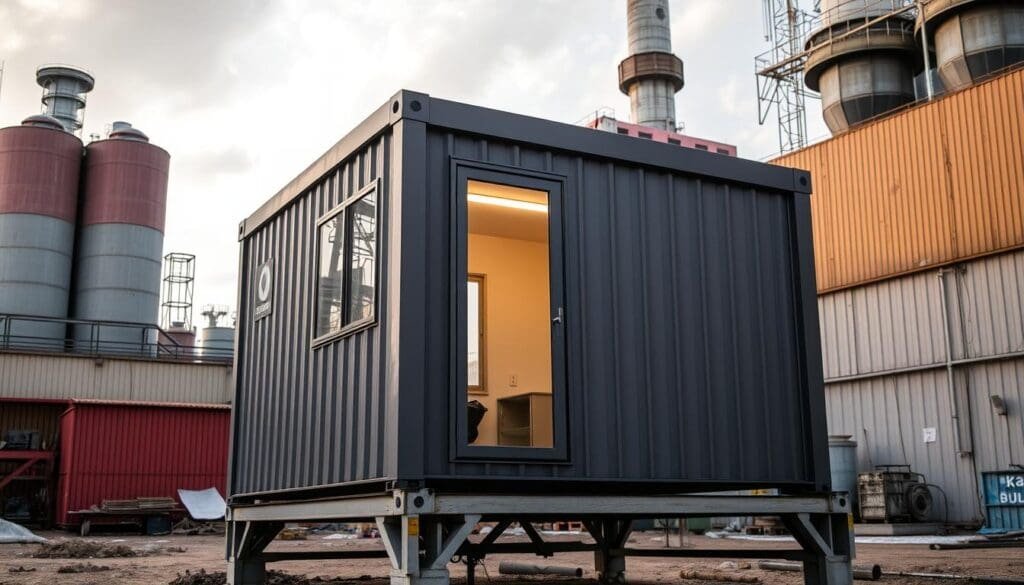 A rugged, weather-resistant SAMAN Portable cabin stands tall against a backdrop of industrial buildings in Peenya. The cabin's sleek, modular design features durable steel construction, insulated walls, and tinted windows that protect against the elements. Sunlight filters through the cabin's skylights, casting a warm, inviting glow. The cabin's exterior is adorned with a subtle SAMAN logo, signifying its high-quality craftsmanship. In the foreground, the cabin's sturdy foundation and stable frame convey a sense of durability and reliability. This image captures the essence of Peenya's premier portable cabins - built to withstand the rigors of industrial settings while providing a comfortable, functional workspace.