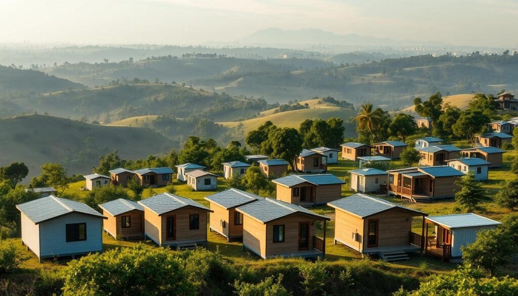 A scenic vista of prefabricated cabins nestled in the lush greenery of Nagarbhavi. In the foreground, a cluster of SAMAN Portable cabins stand tall, their sleek, modern designs blending seamlessly with the surrounding landscape. The middle ground features a variety of cabin models, each with its own unique architectural features and color scheme. In the background, the rolling hills and distant trees create a serene, peaceful atmosphere. The scene is illuminated by warm, natural lighting, accentuating the textures and materials of the cabins. The overall composition conveys a sense of tranquility and the perfect balance between nature and human-made structures.
