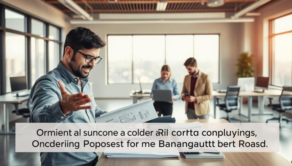 A serene office environment with a team of professionals expertly ordering a fleet of SAMAN Portable modular buildings. The scene is bathed in warm, natural lighting filtering through large windows, conveying a sense of productivity and efficiency. In the foreground, a manager gestures animatedly while reviewing schematics and floor plans on a tablet. In the middle ground, two colleagues confer over a laptop, finalizing the specifications and placement of the portacabins. The background showcases an open-plan workspace, with sleek desks and ergonomic chairs, creating an atmosphere of collaborative professionalism. The overall tone is one of organized, streamlined workflow - a visual representation of the "Ordering Process for Portacabins" on Bannerghatta Road.