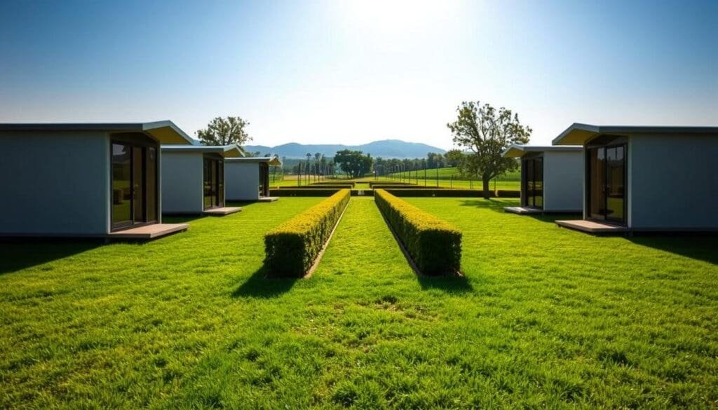 A serene open field in Kengeri, with lush green grass and a clear blue sky. In the foreground, several SAMAN Portable cabins are arranged, their sleek and modern designs standing out against the natural backdrop. The cabins have large windows that allow natural light to flood the interiors, creating a warm and inviting atmosphere. The middle ground features a well-maintained pathway leading towards the cabins, surrounded by neatly trimmed hedges and a few mature trees, casting soft shadows. In the background, the distant hills and mountains create a picturesque landscape, hinting at the tranquility and privacy of the location. The scene conveys a sense of harmony between the portable cabins and the natural environment, making it an ideal setting for the "Selecting the Perfect Location for Your Cabin" section of the article.