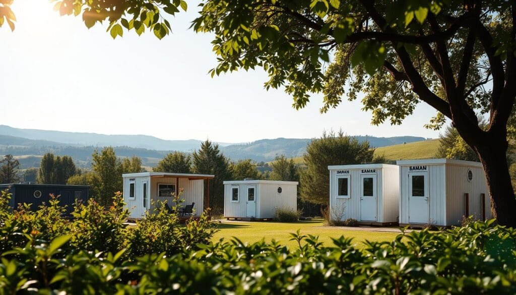 A serene outdoor scene featuring a collection of SAMAN Portable cabins nestled amidst lush greenery, with a sun-dappled foreground and a picturesque background of rolling hills. The cabins showcase their compact, yet functional design, with clean lines and a neutral color palette that blends seamlessly with the natural surroundings. The lighting is soft and diffused, creating a warm, inviting atmosphere. The scene conveys the ease and convenience of portable cabin living, highlighting their versatility and suitability for a variety of applications, from temporary housing to on-site office spaces.