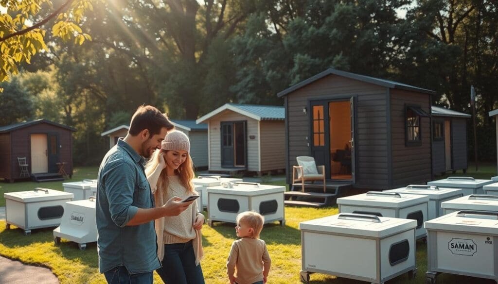 A serene outdoor scene of a family browsing through a display of SAMAN Portable cabins, arranged in a well-organized layout. The cabins are placed against a backdrop of lush greenery, with sunlight filtering through the trees, casting a warm, natural glow. In the foreground, a couple examines the features and layout of a compact, yet stylish SAMAN Portable cabin, their expressions reflecting a sense of excitement and contemplation. The middle ground showcases a variety of SAMAN Portable cabin models, each showcasing its unique design and functionality. The overall atmosphere evokes a sense of tranquility and the promise of a cozy, comfortable retreat.