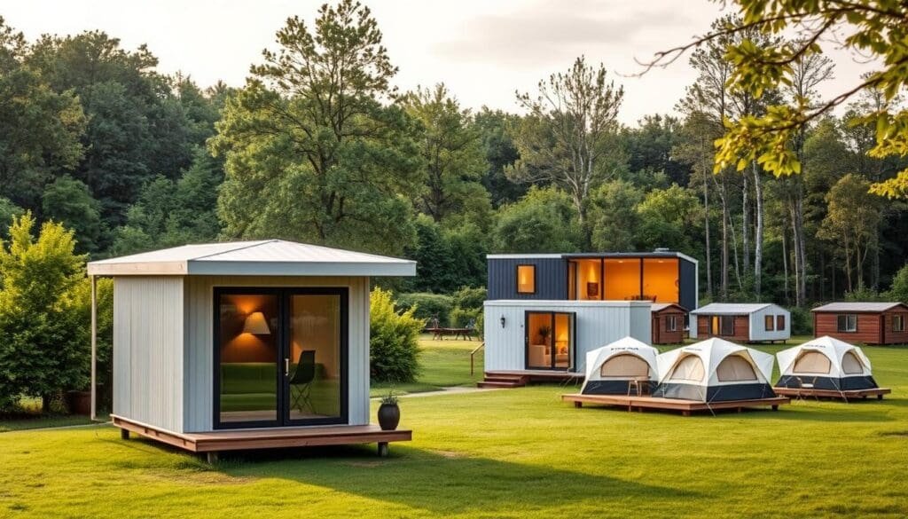 A serene outdoor scene showcasing the versatile applications of SAMAN Portable cabins. In the foreground, a cozy cabin serves as a tranquil home office, its sleek design and large windows blending seamlessly with the lush, verdant landscape. In the middle ground, a SAMAN Portable cabin functions as a stylish on-site construction site office, its durable yet modern aesthetic complementing the surrounding architecture. In the background, a cluster of SAMAN Portable cabins forms a temporary campsite, their warm lighting and inviting interiors creating a welcoming atmosphere. The image is bathed in soft, natural lighting, captured with a wide-angle lens to emphasize the harmony between the portable structures and their natural environment.