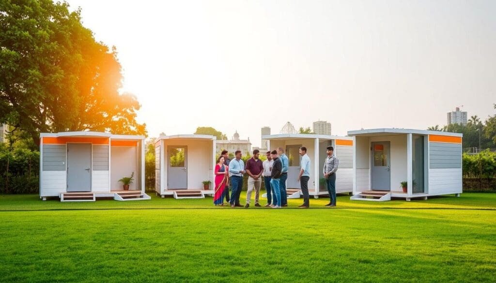 A serene outdoor setting showcases a row of SAMAN Portable cabins for sale in Kengeri. The compact, prefabricated structures stand against a backdrop of lush greenery, their sleek, modern lines accentuated by warm, natural lighting. In the foreground, a well-manicured lawn leads the eye towards the cabins, each adorned with clean, minimalist designs and vibrant color accents. The middle ground features a group of prospective buyers inspecting the cabins, their expressions reflecting a mix of interest and appreciation. In the distance, the hazy silhouettes of trees and buildings suggest the urban environment of Kengeri, highlighting the convenient location of these portable living solutions.