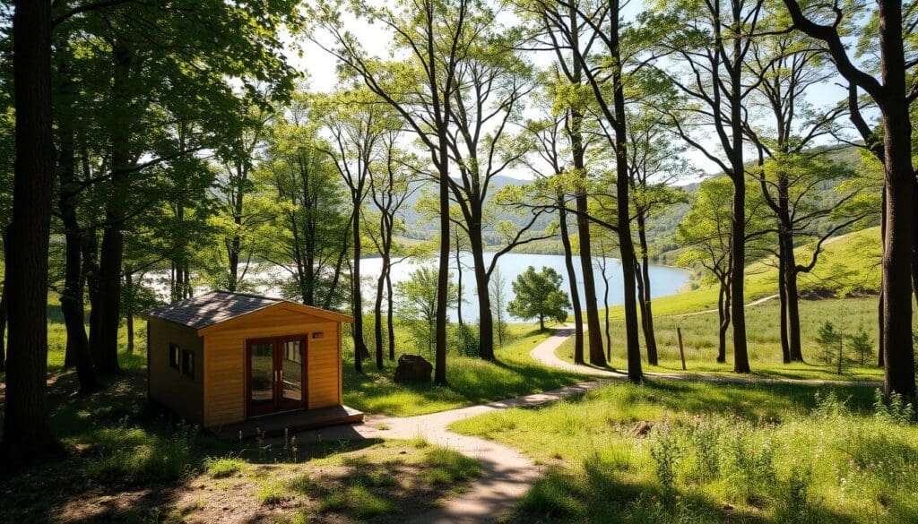 A serene, sun-dappled forest glade, with dappled light filtering through the verdant canopy. In the foreground, a SAMAN Portable cabin nestled amidst the natural landscape, its clean lines and warm wooden tones blending seamlessly with the surroundings. The middle ground features a winding path leading towards a tranquil lake, its still waters reflecting the trees and sky. In the background, rolling hills dotted with wildflowers create a picturesque vista. The scene evokes a sense of peaceful seclusion, with the SAMAN Portable cabin as the ideal oasis for relaxation and connection with nature. A serene, sun-dappled forest glade, with dappled light filtering through the verdant canopy. In the foreground, a SAMAN Portable cabin nestled amidst the natural landscape, its clean lines and warm wooden tones blending seamlessly with the surroundings. The middle ground features a winding path leading towards a tranquil lake, its still waters reflecting the trees and sky. In the background, rolling hills dotted with wildflowers create a picturesque vista. The scene evokes a sense of peaceful seclusion, with the SAMAN Portable cabin as the ideal oasis for relaxation and connection with nature.