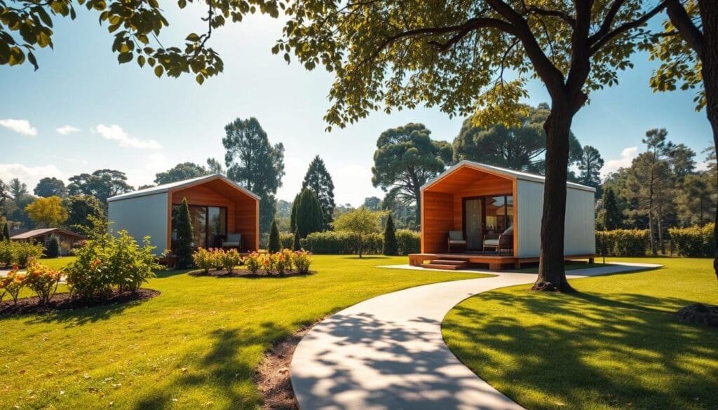 A serene, sun-dappled scene of SAMAN Portable cabins nestled amidst lush greenery in Indiranagar. The cabins, with their sleek, modern designs and warm timber accents, stand in peaceful harmony with the surrounding landscape. In the foreground, a path winds invitingly, leading the viewer towards the cabins. The middle ground features a neatly manicured lawn, dotted with vibrant flowers. In the background, towering trees and a clear, azure sky create a tranquil, nature-inspired atmosphere. Soft, diffused lighting casts a gentle glow, enhancing the cabins' cozy and inviting ambiance. The overall scene conveys a sense of retreat, comfort, and the perfect balance between modern living and natural respite.
