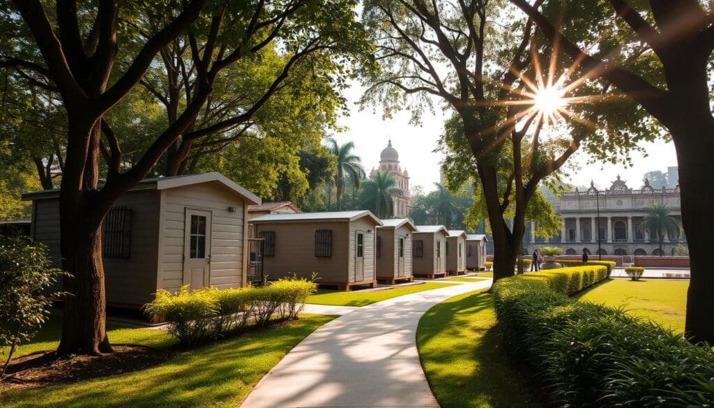 A serene urban setting in Basavanagudi, featuring a row of stylish SAMAN Portable cabins nestled amidst lush greenery. The cabins, with their clean lines and muted color palette, blend seamlessly into the tranquil surroundings. Dappled sunlight filters through the trees, casting a warm, inviting glow across the scene. In the foreground, a well-maintained pathway leads visitors towards the cozy retreats, while in the background, the iconic architecture of Basavanagudi's historic buildings provides a picturesque backdrop. The overall atmosphere exudes a sense of harmony and comfortable living, showcasing the versatility and appeal of these compact, yet sturdy SAMAN Portable cabins.