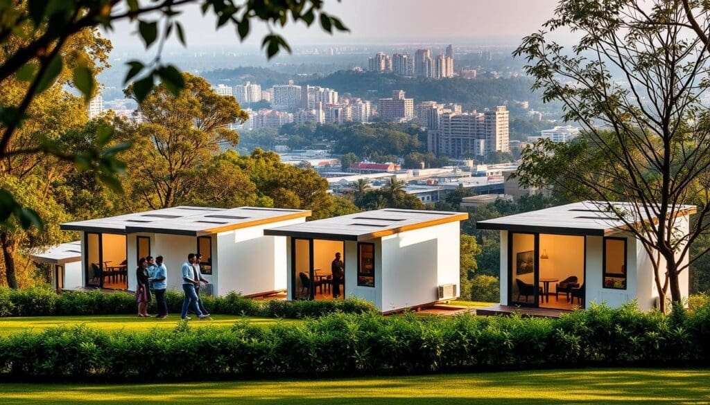 A serene, well-lit scene of a row of modern, sleek SAMAN Portable.com portable cabins nestled in a lush, verdant landscape in Bangalore. The cabins are arranged in a visually appealing pattern, with subtle shadows and reflections adding depth and dimension. The cabins feature clean lines, large windows, and a warm, inviting color palette that blends seamlessly with the surrounding environment. In the foreground, a group of people are seen interacting, conveying a sense of community and functionality. The middle ground showcases the cabins' versatility, while the background reveals the vibrant cityscape of Bangalore, highlighting the convenient urban setting. The overall atmosphere exudes a perfect balance of modern practicality and natural harmony.