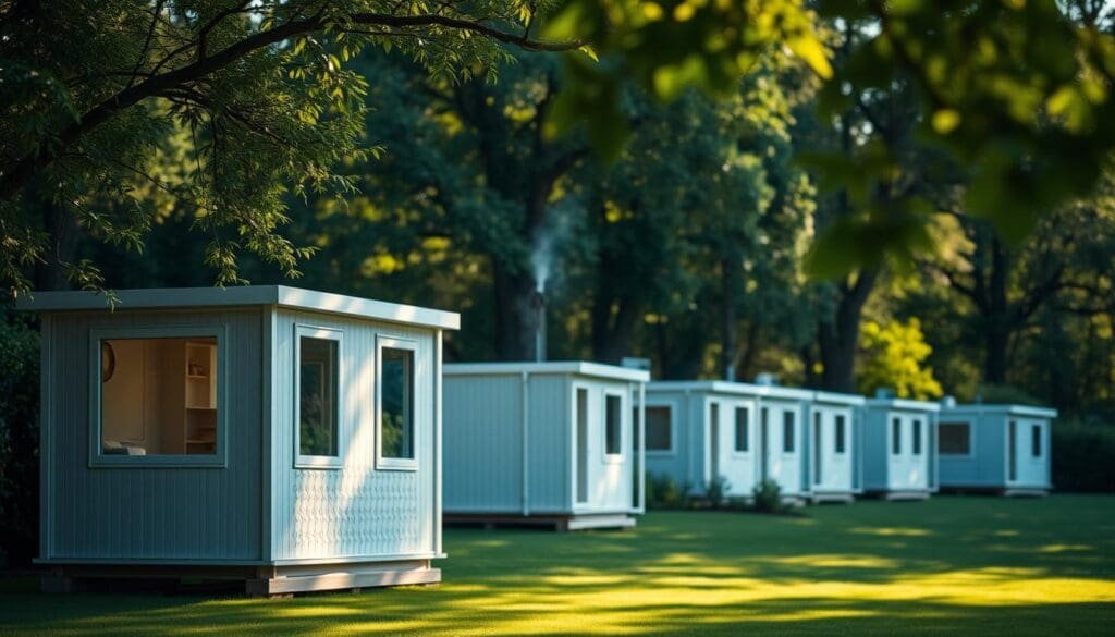 A serene, well-lit scene of custom SAMAN Portable cabins nestled in a lush, verdant setting. The cabins feature a sleek, modern design with clean lines, large windows, and a harmonious color palette. In the foreground, a cabin with a subtle, unique pattern on its facade stands out, inviting closer inspection. The middle ground showcases a variety of cabin sizes and configurations, showcasing the modularity and customization options. In the background, trees and greenery provide a tranquil, natural backdrop, creating a sense of escape and relaxation. The image is captured with a wide-angle lens, emphasizing the versatility and adaptability of these SAMAN Portable cabins. A serene, well-lit scene of custom SAMAN Portable cabins nestled in a lush, verdant setting. The cabins feature a sleek, modern design with clean lines, large windows, and a harmonious color palette. In the foreground, a cabin with a subtle, unique pattern on its facade stands out, inviting closer inspection. The middle ground showcases a variety of cabin sizes and configurations, showcasing the modularity and customization options. In the background, trees and greenery provide a tranquil, natural backdrop, creating a sense of escape and relaxation. The image is captured with a wide-angle lens, emphasizing the versatility and adaptability of these SAMAN Portable cabins.