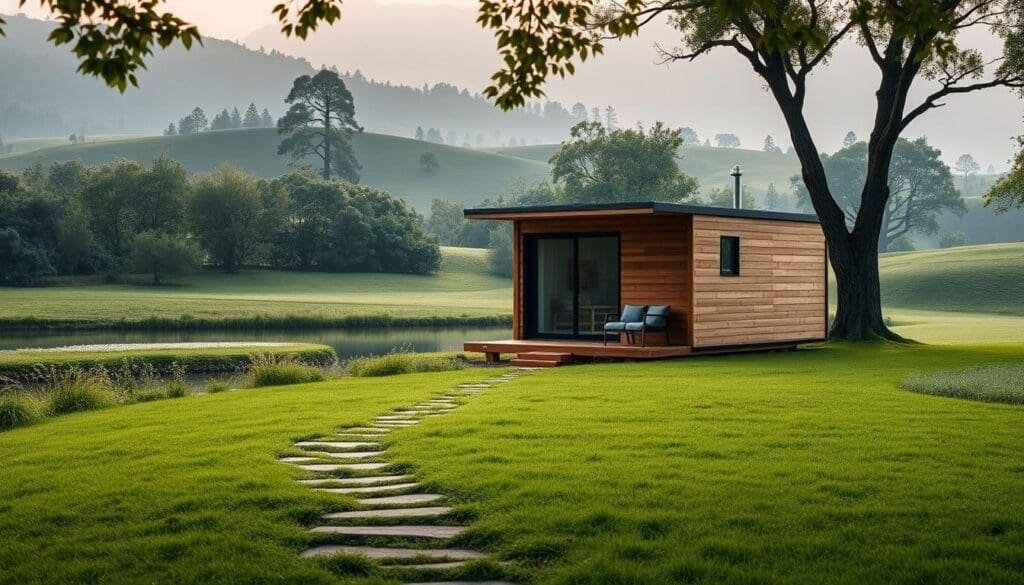 A sleek, modern SAMAN Portable cabin nestled in a lush, verdant setting. The structure features a minimalist design with clean lines, large windows, and a warm, natural wood exterior. In the foreground, a well-maintained path leads to the cabin's entrance, inviting exploration. The middle ground showcases a serene pond, its surface reflecting the cabin's image. In the background, rolling hills and towering trees create a tranquil, picturesque backdrop, bathed in soft, diffused lighting that casts a cozy, welcoming atmosphere. This affordable, yet high-quality portable cabin embodies the perfect balance of functionality and aesthetic appeal.