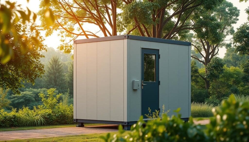 A sleek, modern modular cabin in the tranquil setting of Kengeri. The SAMAN Portable unit stands tall against a backdrop of lush greenery, its clean lines and muted tones creating a harmonious blend with the natural surroundings. Warm, diffused lighting bathes the scene, highlighting the cabin's efficient design and high-quality construction. The camera captures the structure from a slightly elevated angle, emphasizing its compact and versatile nature. This portable, prefabricated cabin embodies the perfect balance of functionality, affordability, and aesthetic appeal, making it an ideal choice for a variety of applications in the Kengeri area.