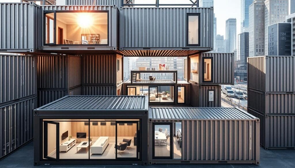 A sleek, modern office space composed of commercial shipping containers in various configurations. The SAMAN Portable containers are arranged in a dynamic, angular layout, showcasing their modular design and versatility. Sunlight filters through the large windows, casting a warm glow on the polished metal exteriors. In the foreground, a modular unit features an open-concept floor plan with minimalist furniture and contemporary decor. The middle ground reveals a multi-story arrangement, highlighting the stacking capability of these office containers. The background depicts a bustling urban environment, providing context for the practical application of these sustainable, space-saving workspaces.