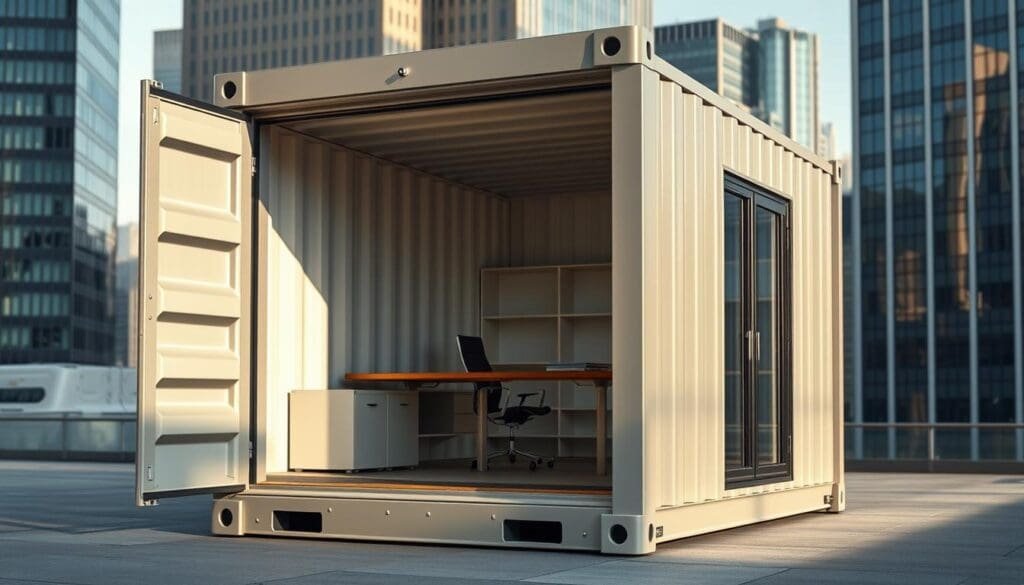 A sleek, modern office space in a sturdy, multi-purpose SAMAN Portable container. The container's exterior features a minimalist design with clean lines and a metallic sheen. Inside, the spacious layout is filled with natural light streaming through large windows. Minimalist furnishings and functional storage create a practical, yet stylish work environment. The container is positioned in an urban setting, surrounded by towering skyscrapers. Subtle shadows and warm, diffused lighting add depth and a sense of professional sophistication to the scene.