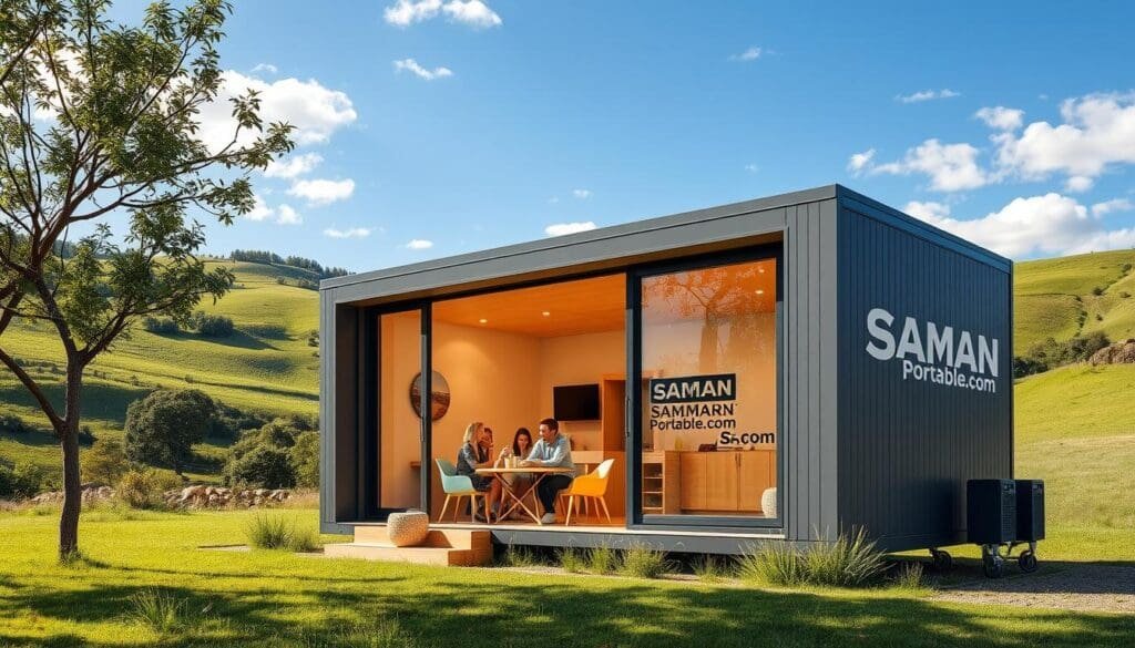 A sleek, modern portable cabin with a warm, inviting aesthetic situated in a lush, verdant outdoor setting. The cabin's clean lines and large windows allow natural light to flood the interior, creating a bright and airy atmosphere. In the foreground, a group of people are gathered around a small table, enjoying the comforts of the portable home. The background features a picturesque landscape with rolling hills and a vibrant blue sky. The scene conveys the benefits of portable cabins, such as their flexibility, energy efficiency, and ability to seamlessly integrate with natural surroundings. The SAMAN Portable.com logo is prominently displayed on the side of the cabin.