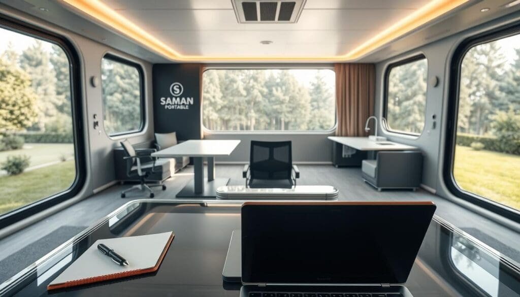 A sleek, modern portable office space with the SAMAN Portable branding prominently displayed. The workspace features clean lines, ample natural lighting, and a minimalist, ergonomic design. In the foreground, a laptop, notebook, and pen rest on a glass-topped desk, creating a professional yet inviting atmosphere. The middle ground showcases portable, modular furniture that can be easily reconfigured to suit various needs. In the background, a expansive window offers a serene, natural view, blending the indoors and outdoors for a calming, productive environment. Captured with a wide-angle lens, the image conveys a sense of openness and flexibility, highlighting the portable and versatile nature of this modern office solution.