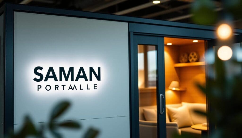 A sleek, modern portacabin design with the SAMAN Portable logo prominently displayed. The cabin features an array of customization options, including modular panels in various colors and textures, a large window with tinted glass, and a well-appointed interior with minimalist furnishings. Soft, warm lighting filters through the space, creating a comfortable and inviting atmosphere. The scene is captured from a slightly elevated angle, showcasing the cabin's clean lines and attention to detail. The background blurs softly, placing the focus squarely on the customizable portacabin.