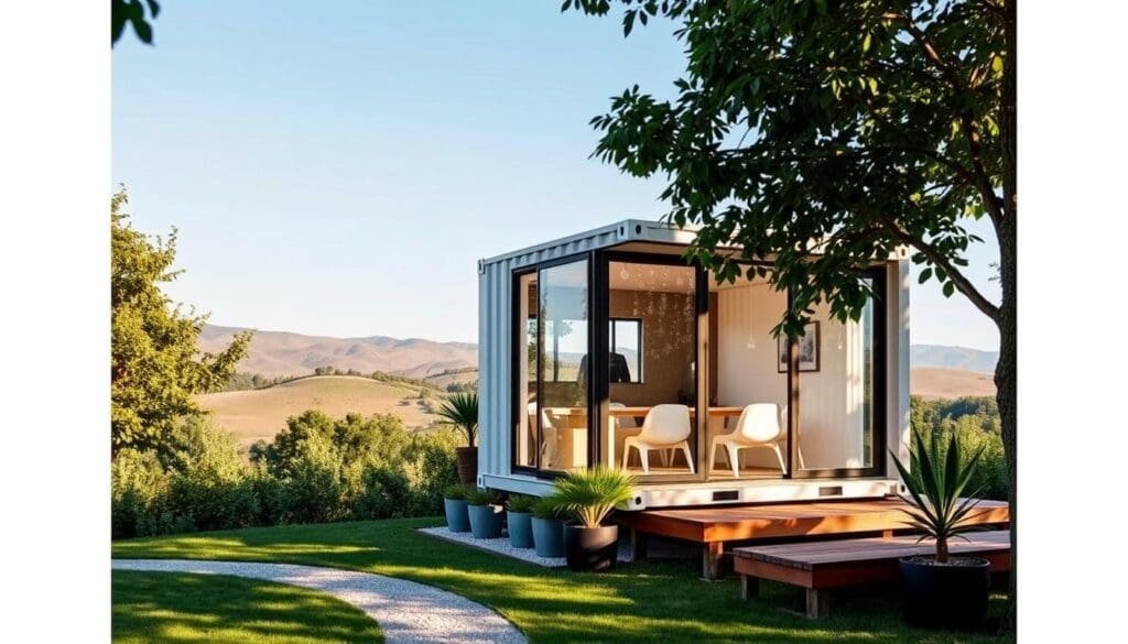 A sleek, modern shipping container office nestled in a lush, verdant setting. The SAMAN Portable structure features clean lines, large windows, and a minimalist aesthetic, seamlessly blending industrial and natural elements. Soft, diffused lighting filters through the container's walls, creating a warm, inviting atmosphere. The office is situated on a raised platform, surrounded by carefully placed potted plants and a gravel pathway, giving it a sense of elevated sophistication. In the background, rolling hills and a clear blue sky provide a picturesque backdrop, completing the tranquil, serene scene.