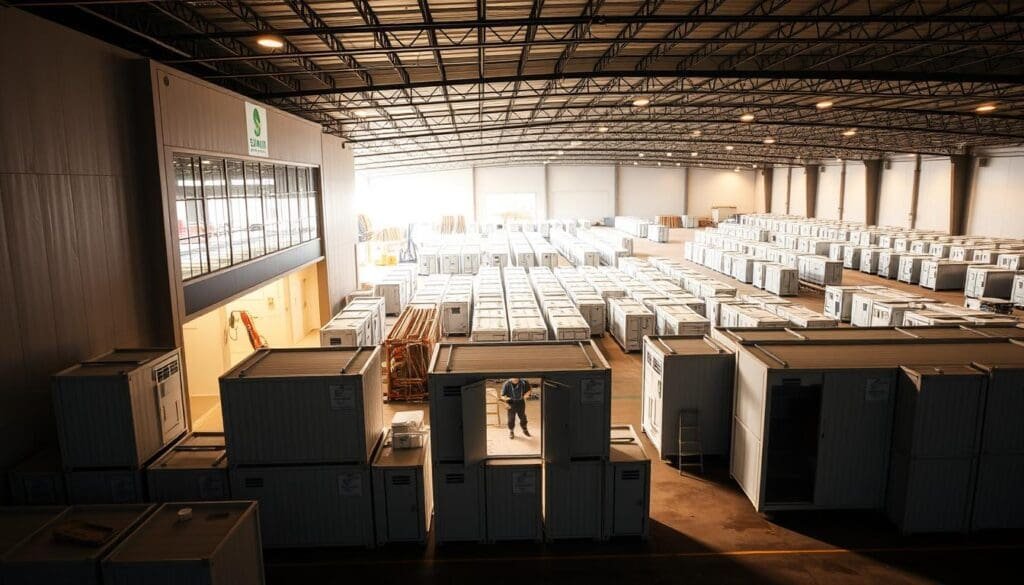 A state-of-the-art SAMAN Portable cabin manufacturing facility situated in the vibrant HSR Layout, showcasing a sleek, modern architectural design. The front facade is adorned with large windows, allowing natural light to flood the interior. In the foreground, neatly stacked modular cabin units stand ready for efficient installation. The middle ground reveals the production floor, where skilled workers carefully assemble the high-quality components. In the background, a expansive, well-organized storage yard houses a diverse range of cabin models, catering to the diverse needs of the local community. The scene is illuminated by warm, directional lighting, creating a welcoming and professional atmosphere. A state-of-the-art SAMAN Portable cabin manufacturing facility situated in the vibrant HSR Layout, showcasing a sleek, modern architectural design. The front facade is adorned with large windows, allowing natural light to flood the interior. In the foreground, neatly stacked modular cabin units stand ready for efficient installation. The middle ground reveals the production floor, where skilled workers carefully assemble the high-quality components. In the background, a expansive, well-organized storage yard houses a diverse range of cabin models, catering to the diverse needs of the local community. The scene is illuminated by warm, directional lighting, creating a welcoming and professional atmosphere.