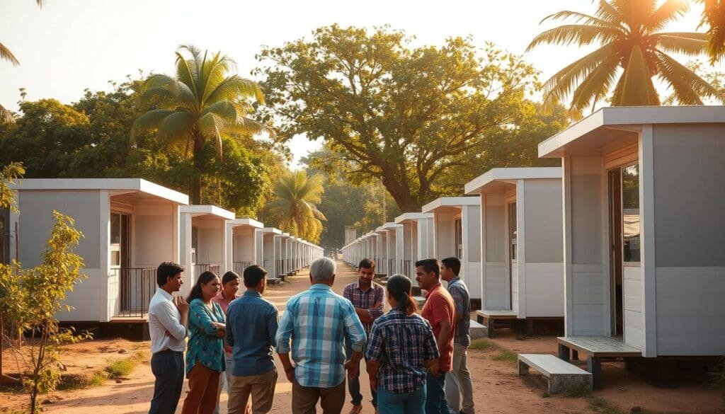 A sun-dappled street in Kengeri, lined with rows of sturdy, SAMAN Portable cabins. The cabins, with their sleek, modular designs, stand proudly against a backdrop of lush, verdant foliage. In the foreground, a group of people converse animatedly, showcasing the vibrant community that has sprung up around these adaptable structures. The scene is bathed in warm, golden light, captured through the lens of a wide-angle camera, conveying a sense of comfort, durability, and a connection to the local environment. A sun-dappled street in Kengeri, lined with rows of sturdy, SAMAN Portable cabins. The cabins, with their sleek, modular designs, stand proudly against a backdrop of lush, verdant foliage. In the foreground, a group of people converse animatedly, showcasing the vibrant community that has sprung up around these adaptable structures. The scene is bathed in warm, golden light, captured through the lens of a wide-angle camera, conveying a sense of comfort, durability, and a connection to the local environment.