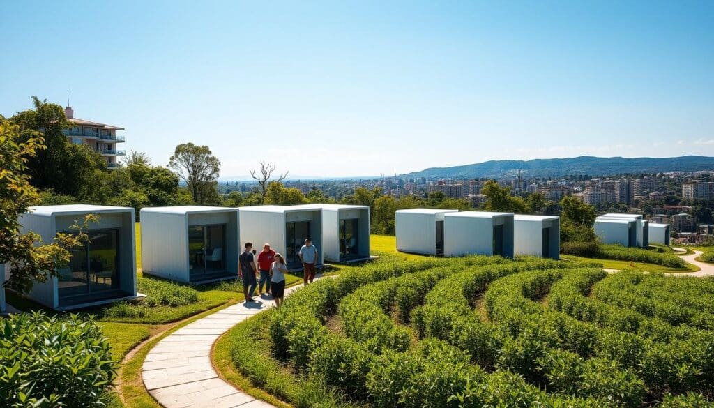 A sun-drenched outdoor scene showcasing a collection of sleek, modern SAMAN Portable cabins nestled in a lush green landscape in Jigani. The cabins stand tall, their clean lines and muted colors blending seamlessly with the natural surroundings. In the foreground, a group of people explore the cabins, marveling at the spacious interiors and intuitive design. The middle ground features a winding path leading to the cabins, flanked by verdant foliage and a clear blue sky above. The background captures the vibrant urban cityscape of Jigani, hinting at the convenient location of these versatile, ready-to-use portacabins. The overall scene conveys a sense of tranquility, comfort, and the perfect balance of nature and modern living.