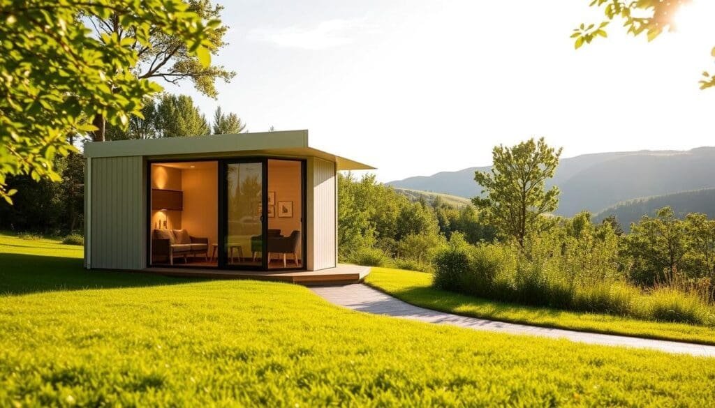 A sunlit, cost-effective SAMAN Portable porta cabin nestled in a lush, verdant landscape. The cabin's sleek, modular design seamlessly blends with its surroundings, showcasing its practicality and environmental sensitivity. Warm, diffused lighting illuminates the interior, highlighting the cabin's spacious layout and high-quality furnishings. In the foreground, a well-maintained grassy area invites relaxation, while the middle ground features a neatly paved pathway leading to the cabin's entrance. The background reveals a picturesque backdrop of rolling hills, creating a serene and inviting atmosphere. This image captures the benefits of using a SAMAN Portable porta cabin - its affordability, versatility, and ability to harmonize with the natural environment.