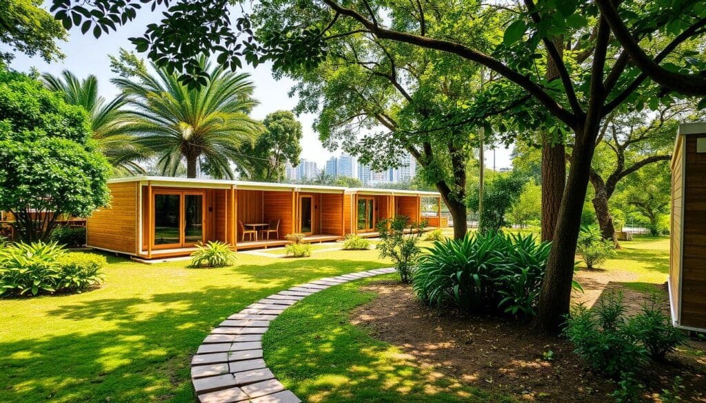 A tranquil scene of SAMAN Portable cabins nestled amidst the lush greenery of Indiranagar. Sleek and modern modular structures with clean lines and warm wood tones, complemented by large windows that allow natural light to flood the interiors. In the foreground, a path winds through a well-manicured garden, leading the eye towards the cabins. The middle ground features a row of these versatile, self-contained units, each with its own porch and outdoor seating area. The background showcases the vibrant cityscape of Indiranagar, blending seamlessly with the peaceful, retreat-like atmosphere. Captured with a wide-angle lens, the image conveys a sense of tranquility and a harmonious integration of urban living and nature.