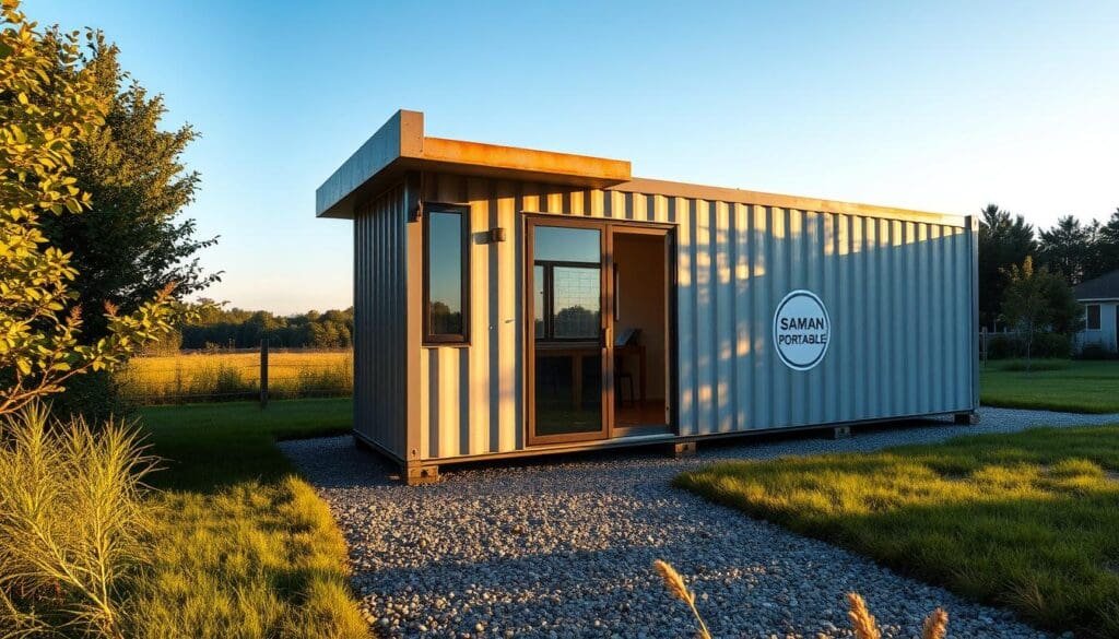 A weathered and durable modular office cabin with the SAMAN Portable logo prominently displayed. The cabin is constructed with rugged steel and weather-resistant composite panels, casting long shadows in warm afternoon sunlight. The cabin's compact, minimalist design features large windows that allow natural light to flood the interior. In the middle ground, a gravel path leads to the cabin, flanked by lush greenery and a clear blue sky in the background. The overall scene conveys a sense of resilience, functionality, and seamless integration with the surrounding environment.