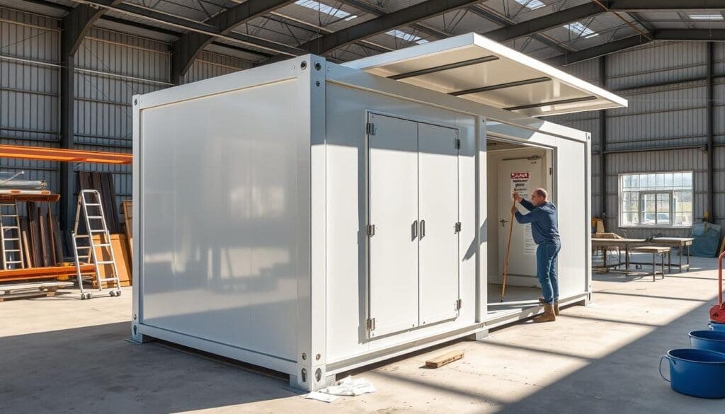 A well-designed SAMAN Portable prefabricated porta cabin, showcasing its efficient installation process. The image depicts a detailed side view, capturing the various components and steps involved. The cabin is situated on a solid foundation, with workers carefully aligning and securing the modular panels. Bright sunlight illuminates the scene, casting soft shadows that accentuate the structure's clean lines and precise assembly. The foreground highlights the seamless connection of the walls and the installation of the roof, while the background features a neatly organized workspace with tools and equipment. The overall atmosphere conveys a sense of professionalism and attention to detail, reflecting the expertise in rapid, high-quality porta cabin installation.