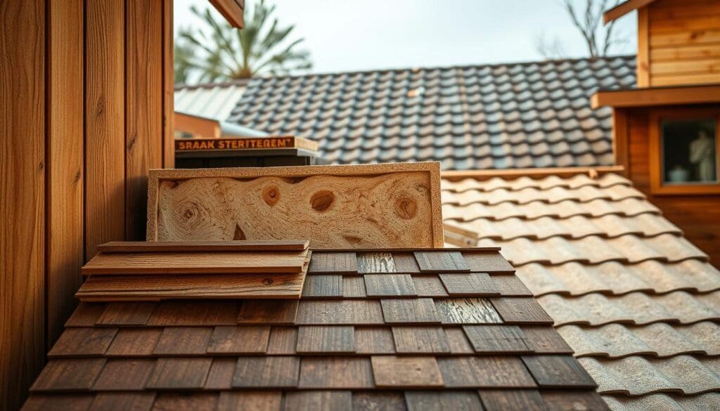 A well-lit, close-up photograph of an array of eco-friendly, durable construction materials used in the SAMAN Portable line of modular, prefabricated cabins. In the foreground, natural wood panels and shingles, showcasing their tactile grain and weathered patina. In the middle ground, sections of reinforced, rigid insulation and sturdy, recycled plastic composite panels. In the background, a variety of sustainable, high-performance roofing tiles and siding options. The lighting is warm and diffused, accentuating the textures and colors of the materials, conveying a sense of quality, resilience, and environmental consciousness. A well-lit, close-up photograph of an array of eco-friendly, durable construction materials used in the SAMAN Portable line of modular, prefabricated cabins. In the foreground, natural wood panels and shingles, showcasing their tactile grain and weathered patina. In the middle ground, sections of reinforced, rigid insulation and sturdy, recycled plastic composite panels. In the background, a variety of sustainable, high-performance roofing tiles and siding options. The lighting is warm and diffused, accentuating the textures and colors of the materials, conveying a sense of quality, resilience, and environmental consciousness.