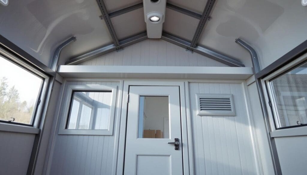 A well-lit, detailed overhead view of essential features of a SAMAN Portable cabin. In the foreground, a sturdy steel frame and weatherproof panels. In the middle ground, large windows, a reinforced door, and vents for ventilation. In the background, a minimalist, modern aesthetic with clean lines. Lighting is soft and natural, showcasing the cabin's durable construction and thoughtful design. The image conveys a sense of practicality, functionality, and space-saving efficiency. A well-lit, detailed overhead view of essential features of a SAMAN Portable cabin. In the foreground, a sturdy steel frame and weatherproof panels. In the middle ground, large windows, a reinforced door, and vents for ventilation. In the background, a minimalist, modern aesthetic with clean lines. Lighting is soft and natural, showcasing the cabin's durable construction and thoughtful design. The image conveys a sense of practicality, functionality, and space-saving efficiency.