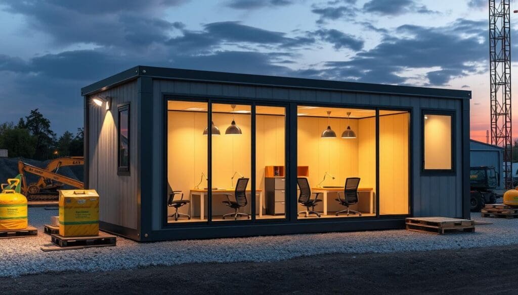 A well-lit, detailed scene of a SAMAN Portable site office featuring a modular, steel-framed structure with weatherproof cladding. The office is situated on a level gravel surface, surrounded by construction equipment and materials. Large windows provide ample natural light, complemented by energy-efficient LED fixtures. The interior showcases a practical layout with desks, chairs, and storage units, reflecting the practical needs of a worksite. The overall atmosphere conveys a sense of functionality, durability, and professionalism, perfectly suited for the demands of a construction site.