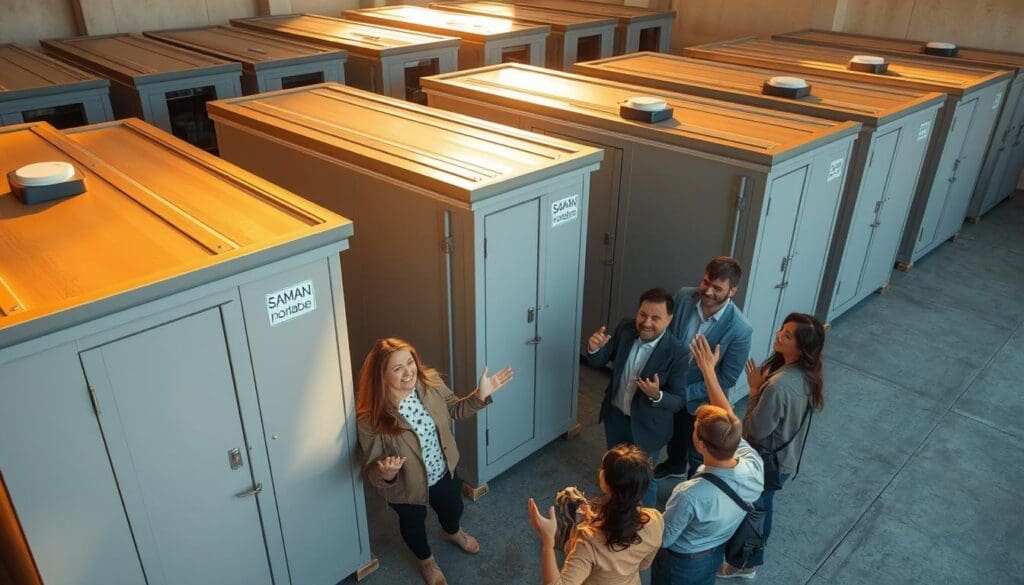 A well-lit, high-angle view of a collection of SAMAN Portable prefabricated porta cabins arranged in a row, with customers enthusiastically sharing their positive experiences and feedback. The cabins feature a sleek, modern design with clean lines and a neutral color palette. Warm, natural lighting illuminates the scene, casting gentle shadows and highlighting the textured surfaces. In the foreground, a group of satisfied customers gesticulate animatedly, their expressions conveying a sense of satisfaction and appreciation for the quality and functionality of the SAMAN Portable units. The middle ground showcases the cabins in detail, emphasizing their durable construction and practical features. The background subtly blends into a softly-lit, minimalist setting, allowing the focus to remain on the customer interactions and the SAMAN Portable brand.