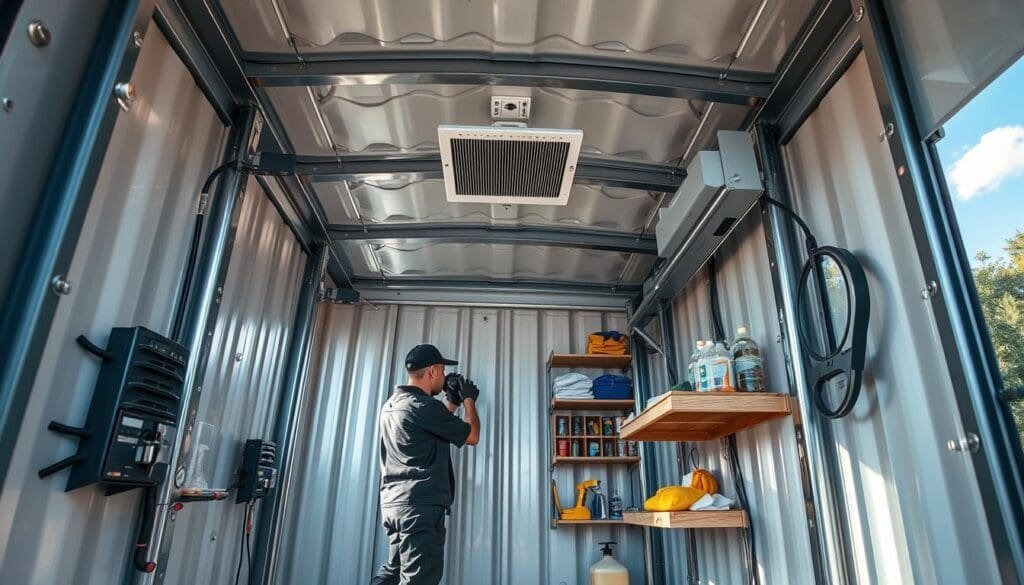 A well-lit, high-angle view of the interior of a SAMAN Portable cabin, showcasing its durable construction and maintenance features. The cabin's sturdy metal frame, reinforced walls, and seamless panels are visible, highlighting its weather-resistant and long-lasting design. In the foreground, a technician is depicted performing routine checkups, inspecting the cabin's electrical systems and ensuring the proper functioning of its ventilation. The middle ground features neatly organized cleaning supplies and maintenance tools, conveying the ease of upkeep. The background depicts a tranquil, natural setting, underscoring the cabin's versatility and suitability for both urban and outdoor environments.