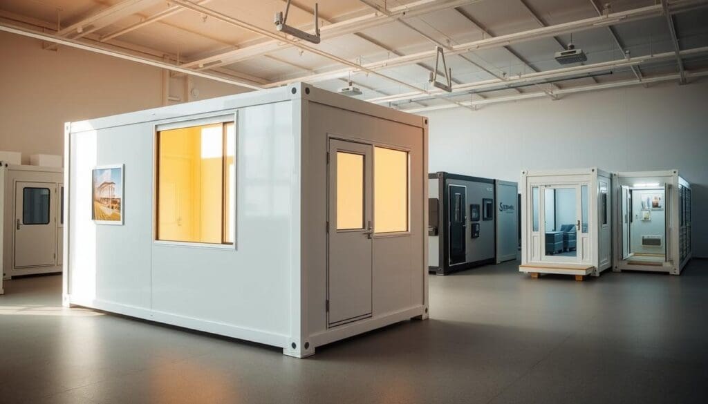 A well-lit, modern showroom interior showcasing an array of customized SAMAN Portable portacabin options. In the foreground, a sleek, modular unit with a clean, minimalist design and large windows, bathed in warm, natural lighting. In the middle ground, several other portacabin models in varying sizes and configurations, each featuring unique design elements and high-quality finishes. The background depicts a neutral, uncluttered space, allowing the portacabins to take center stage. The overall scene conveys a sense of functionality, versatility, and premium quality, perfectly suited for the "Customized Portacabins in Frazer Town" section of the article. A well-lit, modern showroom interior showcasing an array of customized SAMAN Portable portacabin options. In the foreground, a sleek, modular unit with a clean, minimalist design and large windows, bathed in warm, natural lighting. In the middle ground, several other portacabin models in varying sizes and configurations, each featuring unique design elements and high-quality finishes. The background depicts a neutral, uncluttered space, allowing the portacabins to take center stage. The overall scene conveys a sense of functionality, versatility, and premium quality, perfectly suited for the "Customized Portacabins in Frazer Town" section of the article.