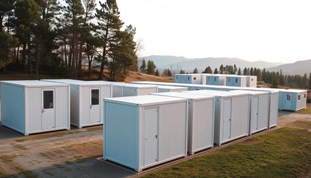 A well-lit outdoor scene showcasing a row of budget-friendly SAMAN Portable portacabins arranged in a neatly organized layout. The portacabins have a simple, functional design with clean lines and muted tones, blending seamlessly into a natural setting. The foreground features several differently sized portacabins, showcasing their versatility, while the middle ground shows additional units arranged to create a modular, expandable configuration. The background features a scenic landscape, perhaps rolling hills or a wooded area, to convey a sense of affordable, sustainable housing solutions integrated into the environment. The lighting is soft and diffused, creating a warm, inviting atmosphere that highlights the budget-friendly yet practical nature of these SAMAN Portable portacabins.