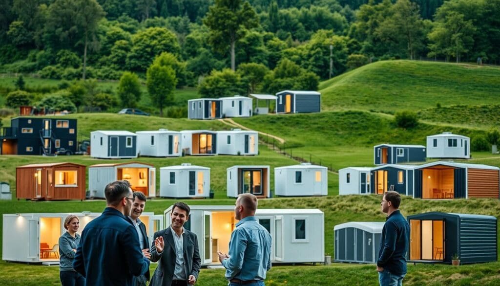 A well-lit testimonial collage showcasing satisfied customers interacting with SAMAN Portable cabins in a natural outdoor setting. In the foreground, a group of people animatedly discussing the cabins' features, their expressions conveying enthusiasm. The middle ground features a diverse array of portable cabins in various configurations, their sleek, modern designs accentuated by warm, diffused lighting. In the background, a lush, verdant landscape provides a scenic backdrop, creating a sense of tranquility and functionality. The overall scene exudes a professional, yet inviting atmosphere, effectively capturing the positive customer sentiment towards SAMAN Portable's versatile and high-quality cabins.