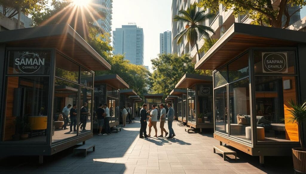 Basavanagudi street, midafternoon sun casting warm shadows. In the foreground, a group of SAMAN Portable custom cabins, their sleek, modular designs showcasing versatility. Mirrored glass facades reflect the bustling surroundings, while timber accents add a touch of rustic charm. The cabins are arranged in a visually striking layout, hinting at the limitless configuration possibilities. In the middle ground, people interact with the cabins, testing their features and imagining the potential uses. The background features a blend of lush greenery and urban architecture, creating a harmonious, livable environment. Cinematic, wide-angle lens captures the scene, emphasizing the cabins' adaptability to diverse settings.