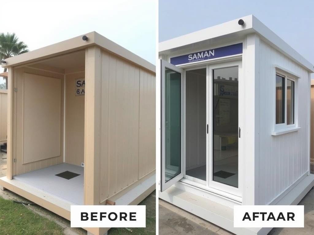 Before and after customization of a porta cabin in Gurugram Before and after customization of a porta cabin in Gurugram