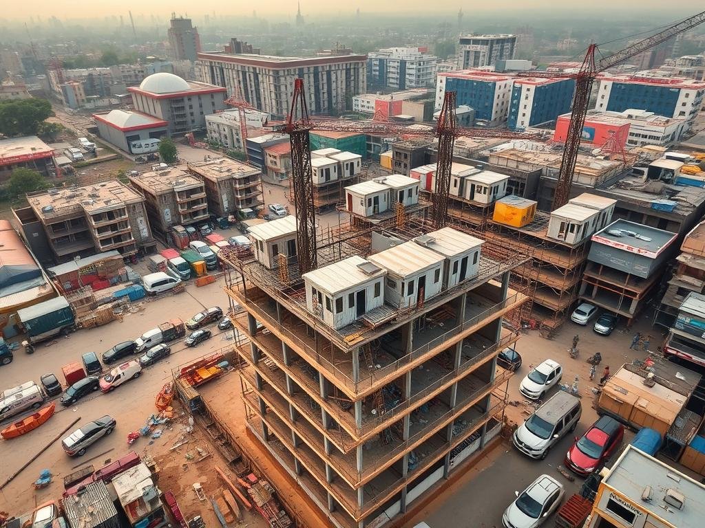 Busy construction site in Delhi NCR using porta cabins Busy construction site in Delhi NCR using porta cabins
