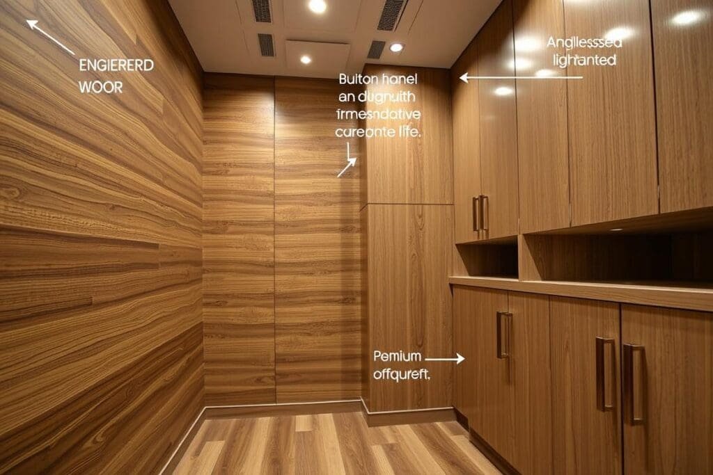Close-up of premium interior finishes in a South Delhi portable office cabin