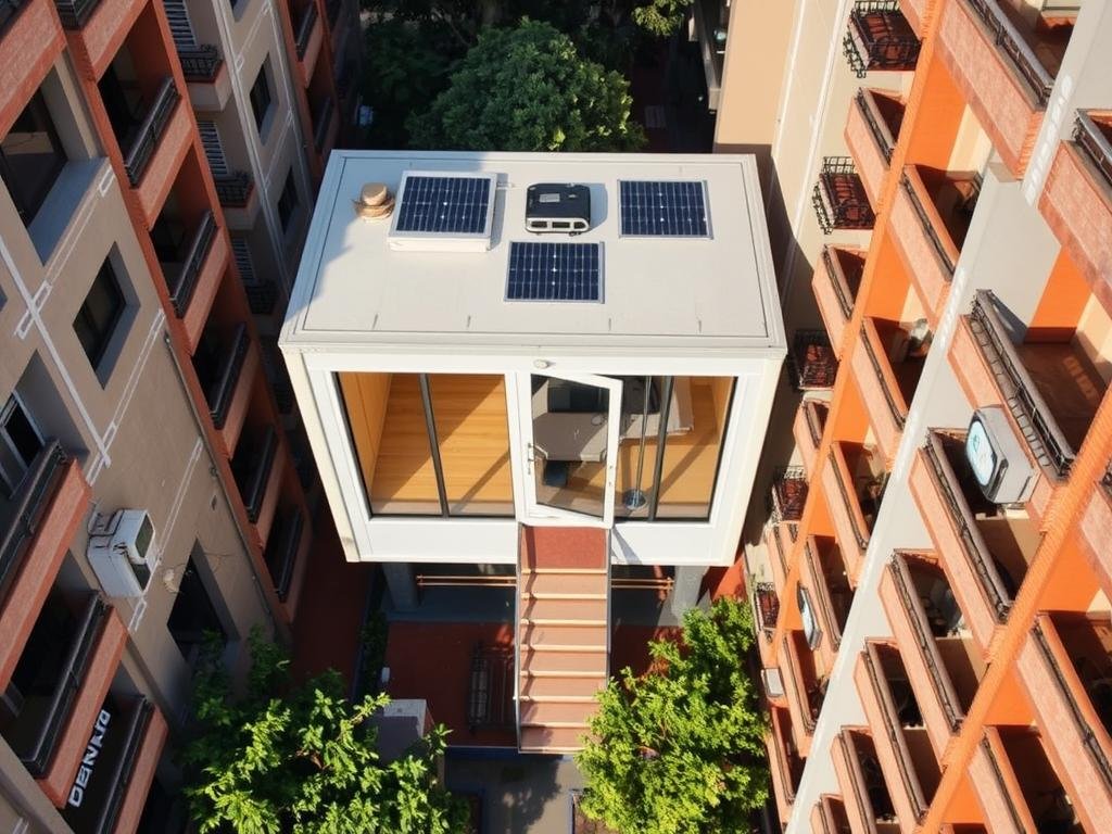 Compact portable office cabin fitting perfectly in a limited space between buildings in Greater Kailash