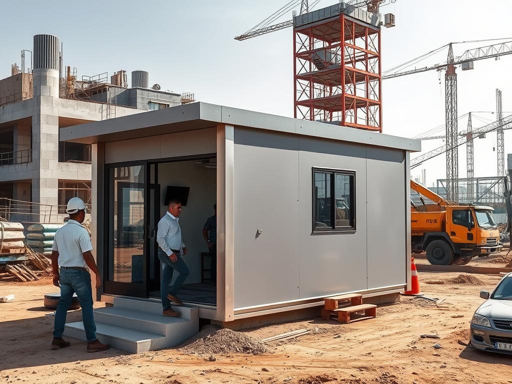Construction site in Sector 21 Faridabad with portable office cabin