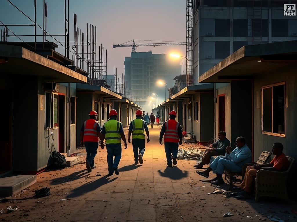 Construction workers returning to their labour colony in Janakpuri after work