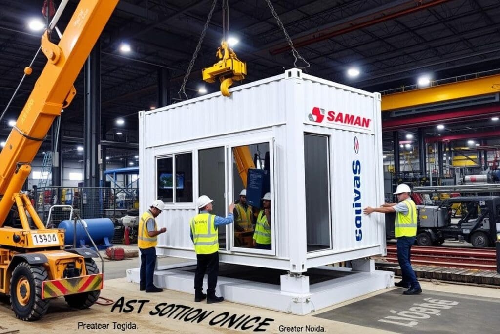 Container office being installed at industrial site in Greater Noida